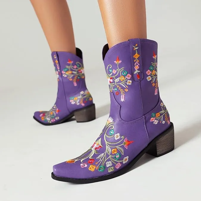 Purple Embroidered Chunky Heel Boots