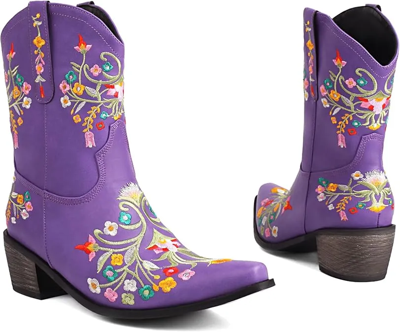 Purple Embroidered Chunky Heel Boots