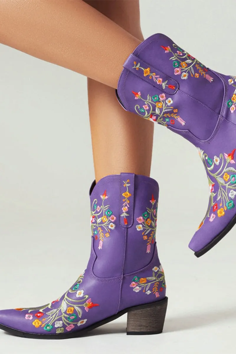 Purple Embroidered Chunky Heel Boots