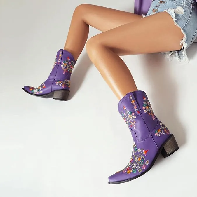 Purple Embroidered Chunky Heel Boots