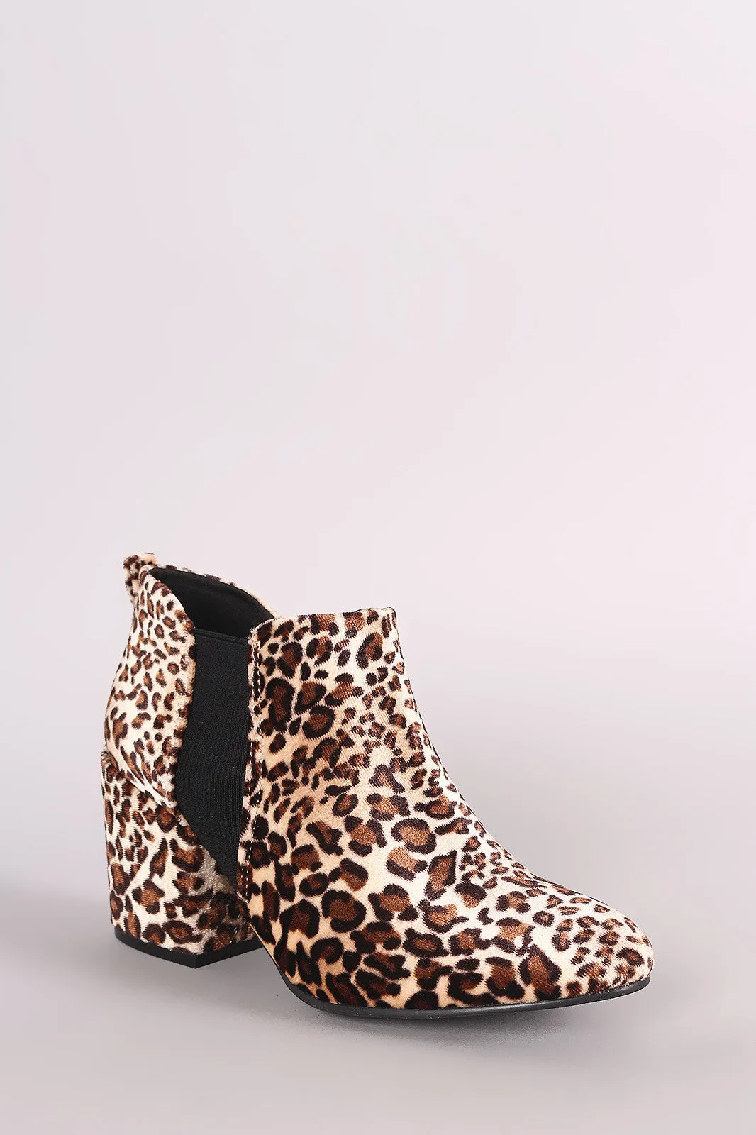 Qupid Leopard Almond Toe Elastic Gore Chunky Heeled Ankle Boots