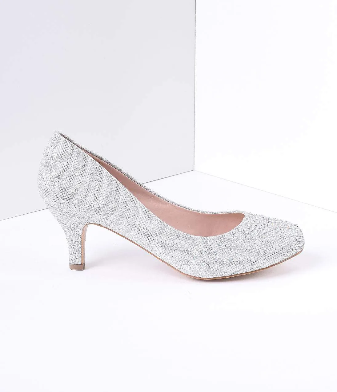 Silver Metallic Rhinestone Doris Kitten Heels