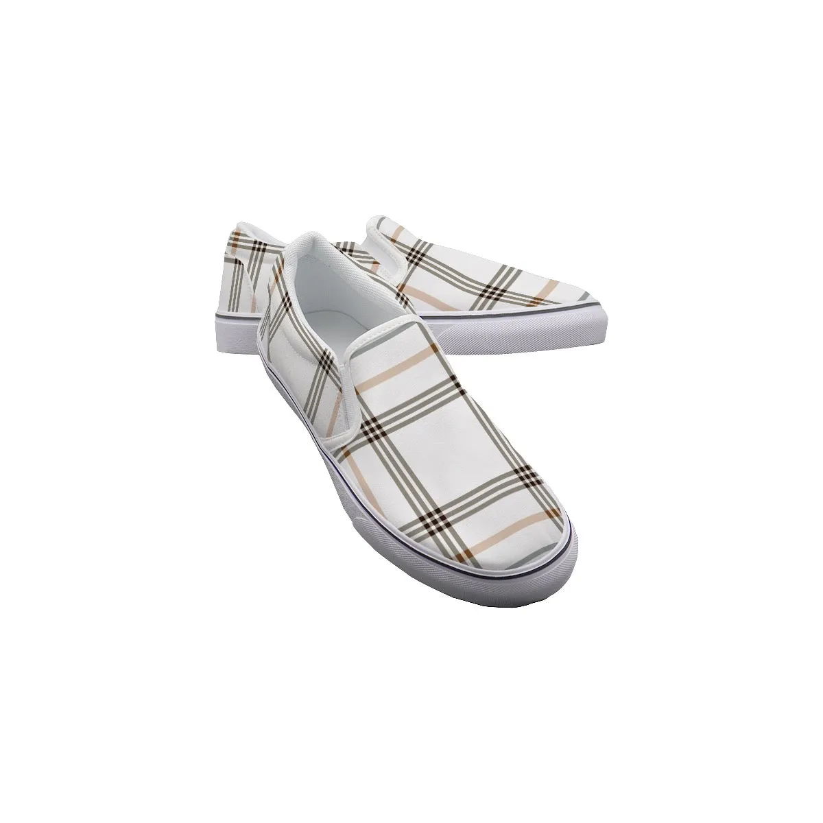 So#15 Men's Slip On Sneakers, plaid tan, and gold print