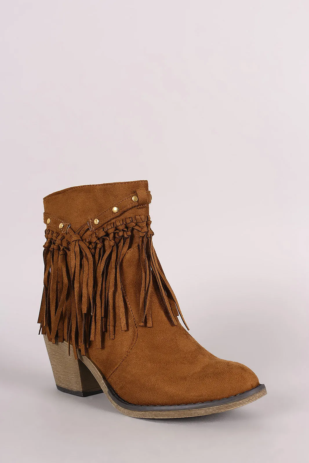 Suede Studded Fringe Chunky Heeled Western Ankle Boots