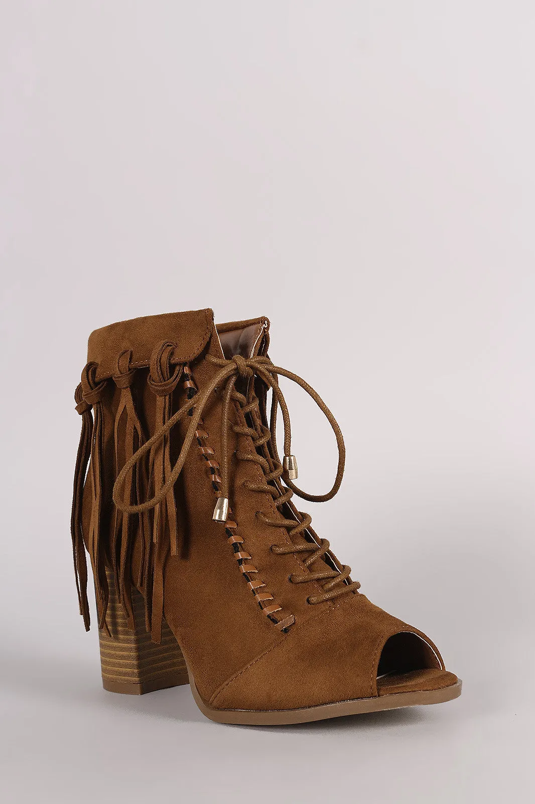 Suede Tassel Fringe Cuff Lace Up Chunky Heeled Booties