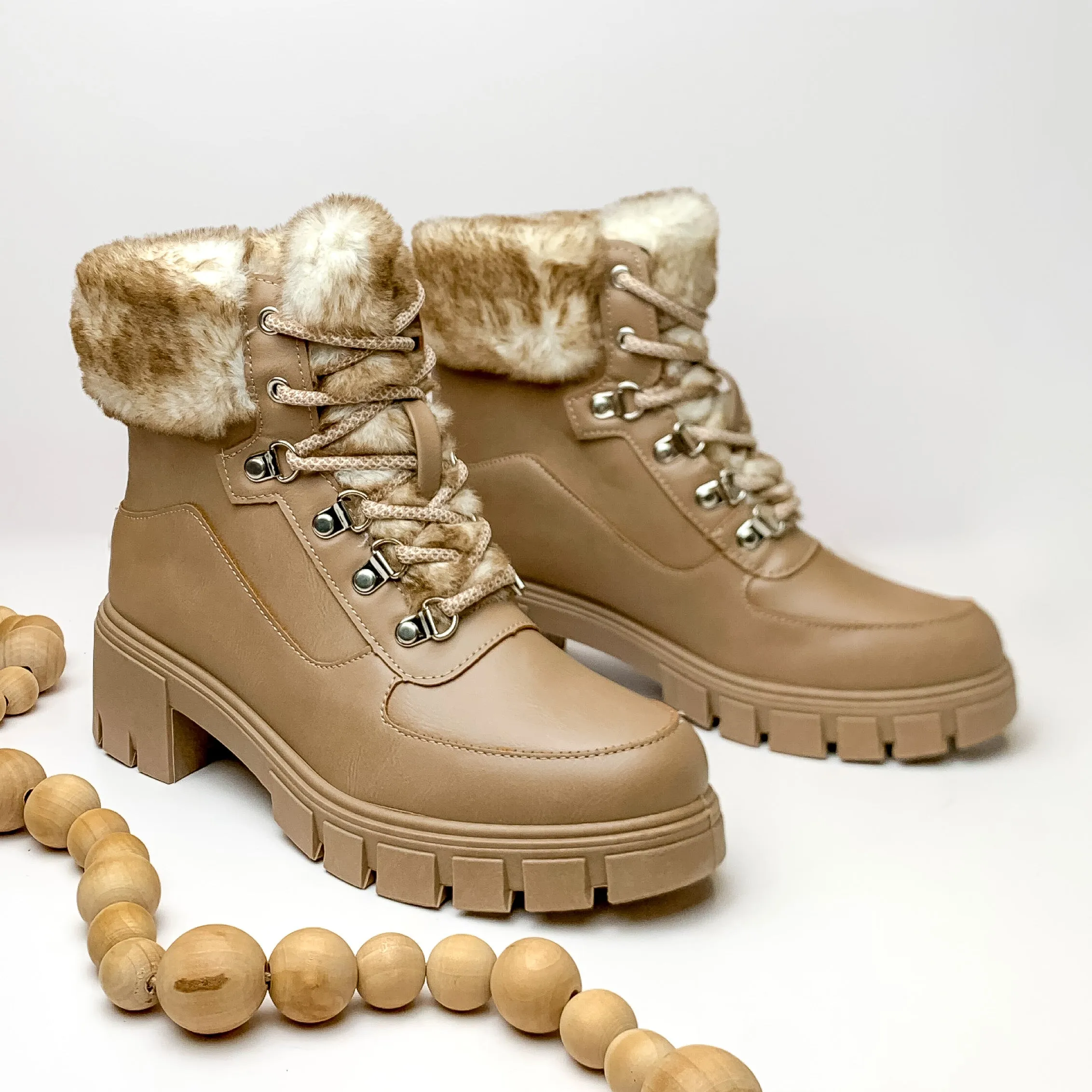 Wishing for Flurries Lace Up Chunky Heel Booties with Fur Lining in Taupe