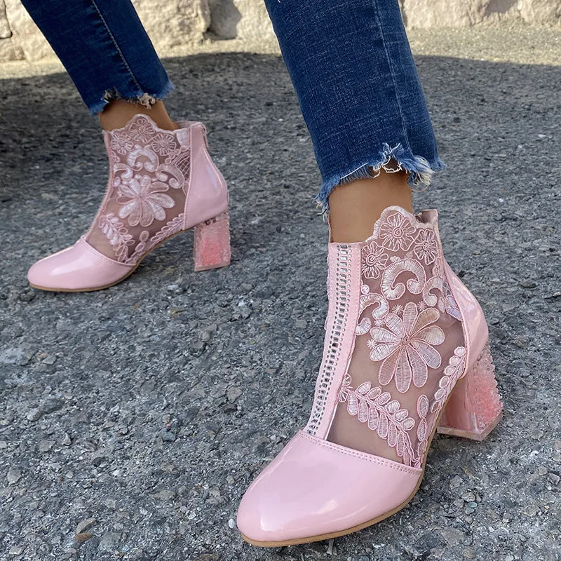 Women lace flower summer breathable clear chunky heeled booties